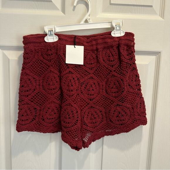 Zara Burgundy Maroon Crochet High Rise Shorts NWT LARGE Summer Elastic Pull On - Picture 4 of 14
